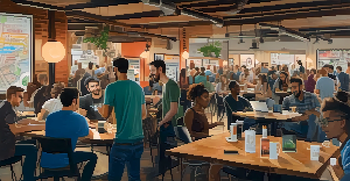 A vibrant scene of a tech meetup in a cafe with individuals engaged in discussions, laptops open, coffee cups on the tables, and tech posters on the walls.