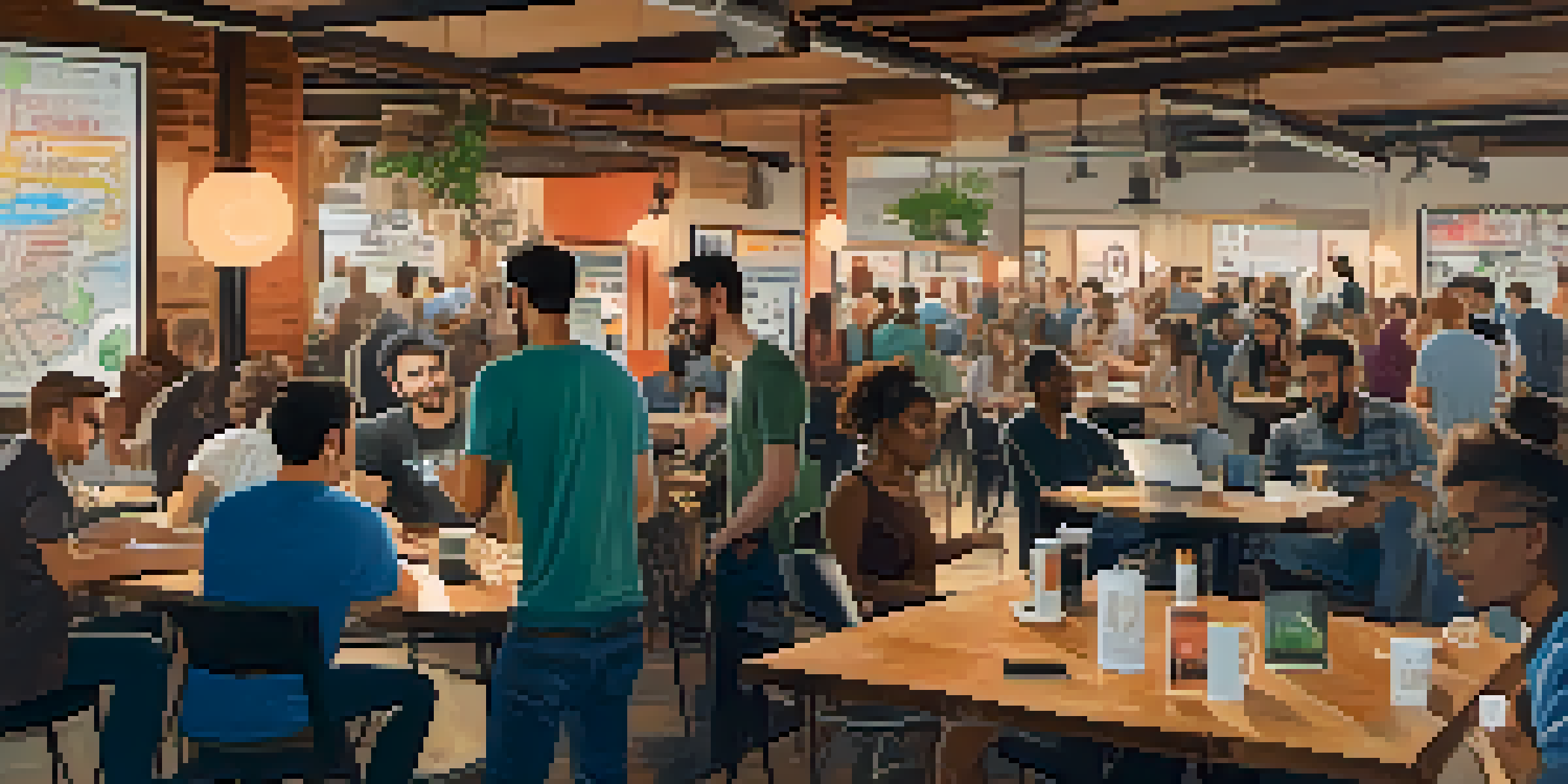 A vibrant scene of a tech meetup in a cafe with individuals engaged in discussions, laptops open, coffee cups on the tables, and tech posters on the walls.