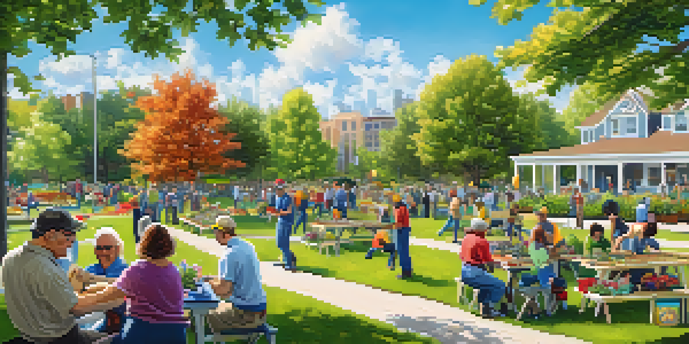 A diverse group of volunteers working together in a sunny park, planting trees and setting up a community garden.