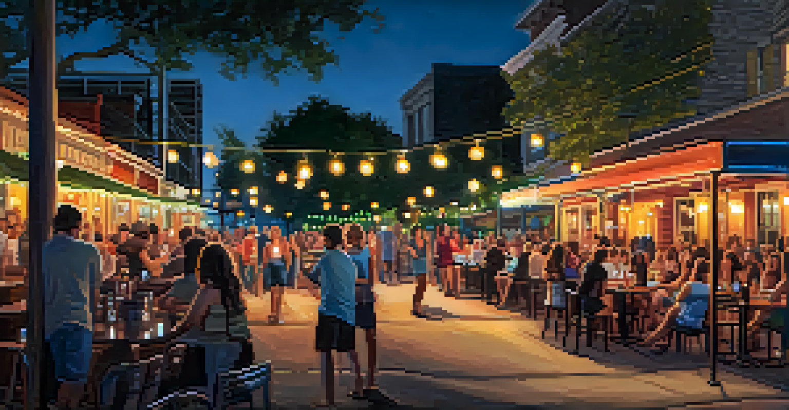 A vibrant nightlife scene on Rainey Street, Austin, featuring historic buildings turned into bars with outdoor seating and string lights.