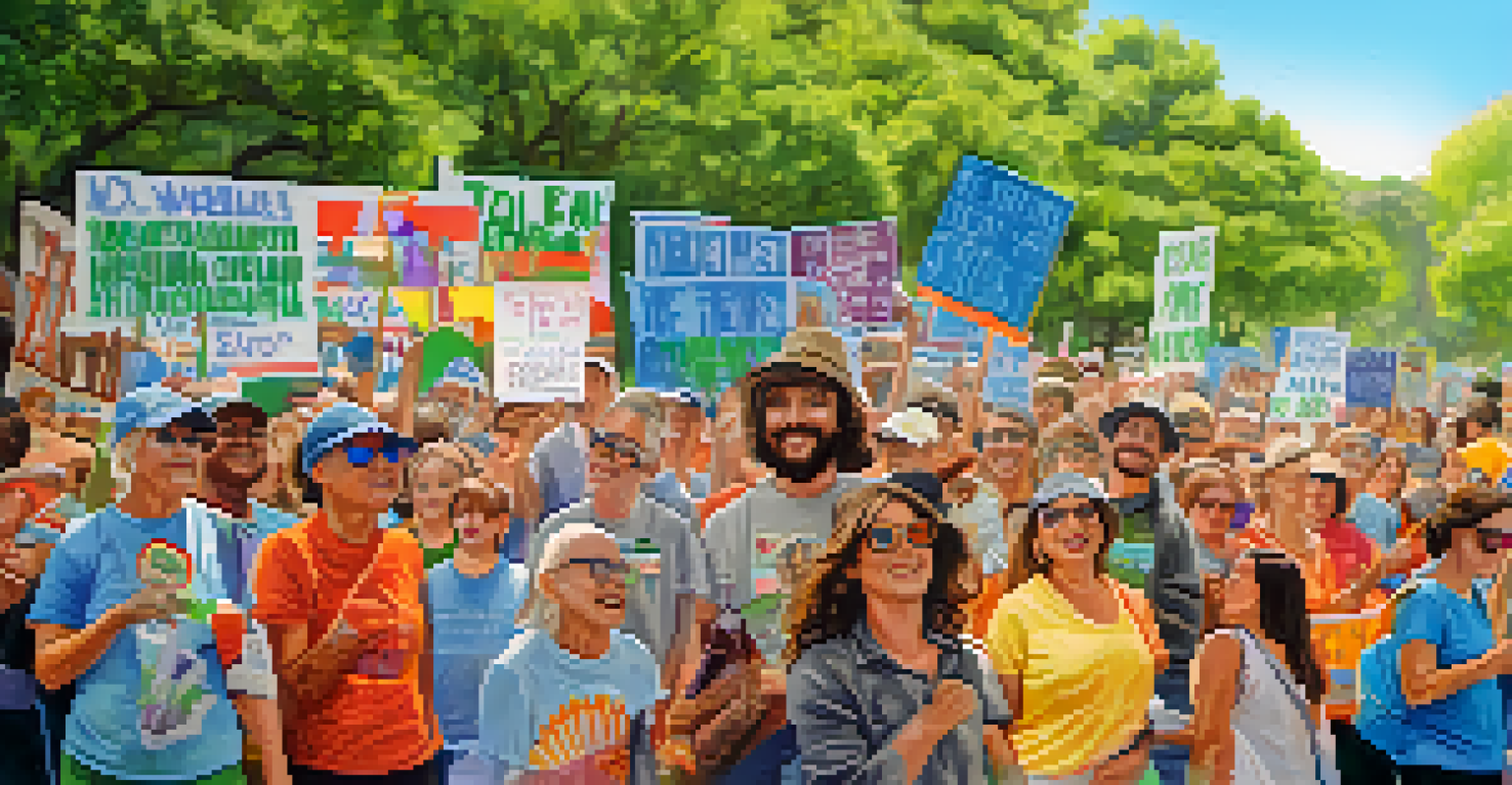 Activists in Austin holding colorful signs for environmental sustainability, showcasing a diverse group united for a common cause.