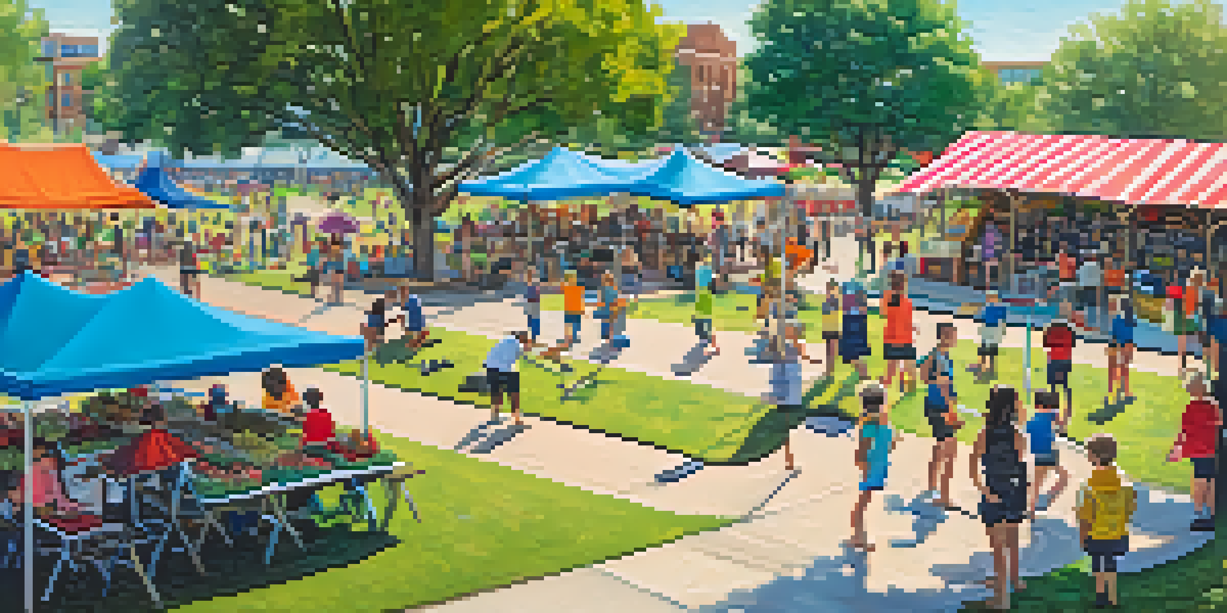 A lively community park in Austin with families and friends, children playing, a yoga class, and a farmers' market under a clear blue sky.