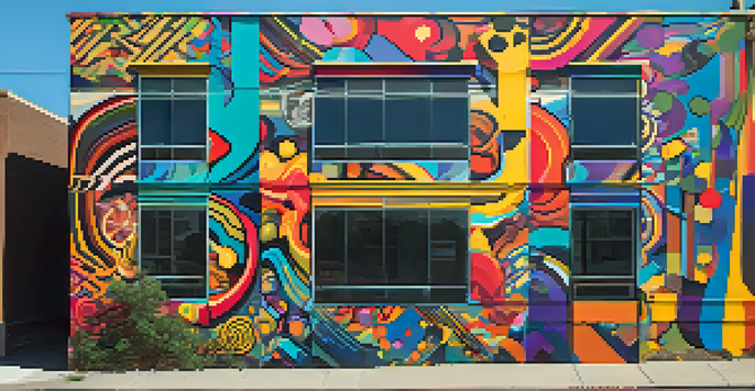 A colorful mural on a city wall in Austin, featuring various artistic styles and bright colors illuminated by sunlight.