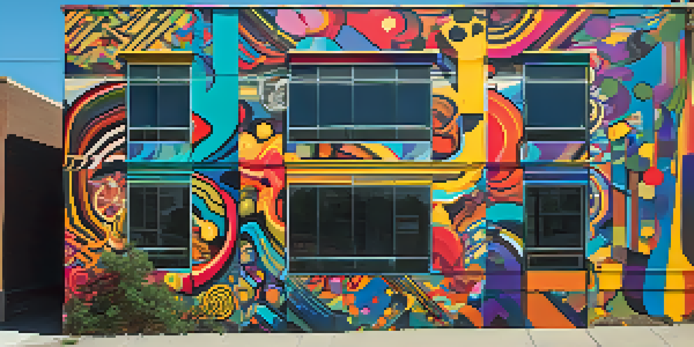 A colorful mural on a city wall in Austin, featuring various artistic styles and bright colors illuminated by sunlight.