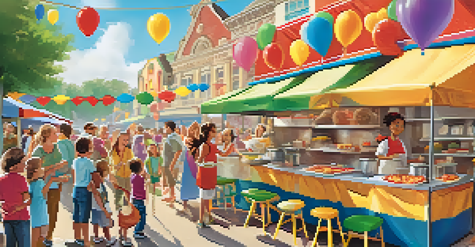 A family enjoying a food festival with children participating in cooking activities and parents sampling gourmet food, surrounded by colorful booths.