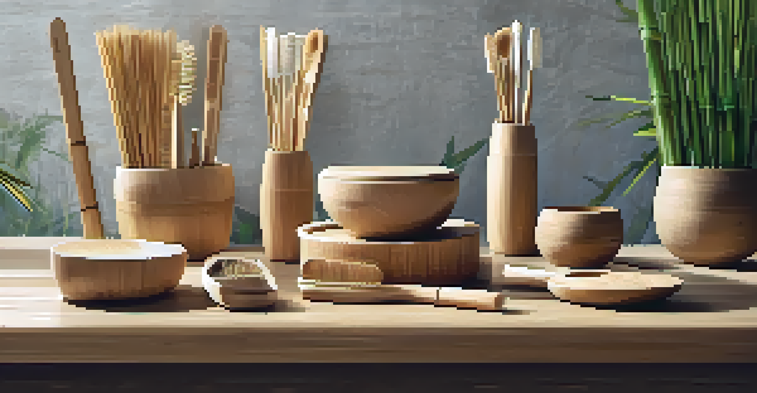 A collection of eco-friendly bamboo products like toothbrushes and straws displayed on a wooden table, warmly lit to show texture.