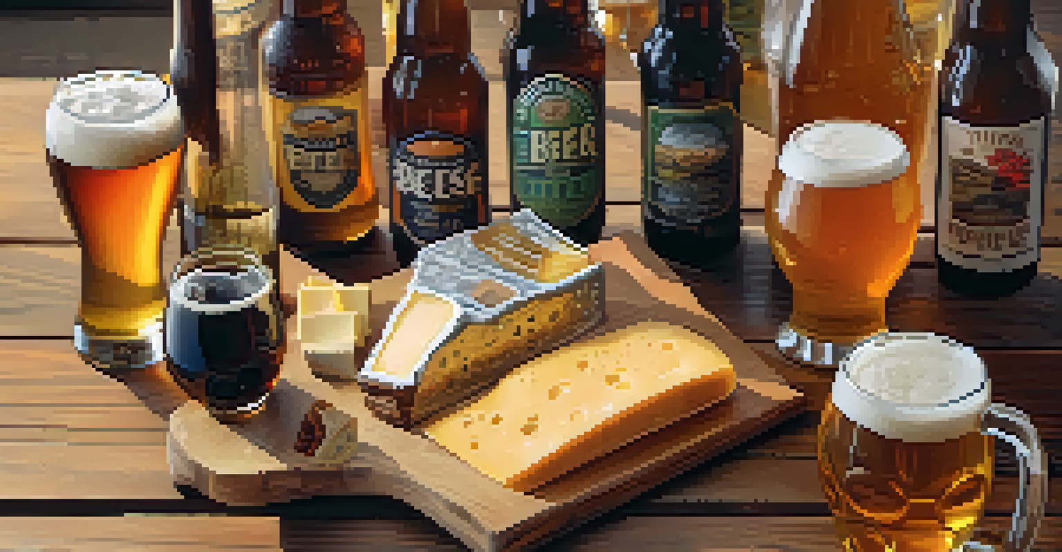A flat lay image showcasing different craft beers, a tasting glass, a notebook, and gourmet snacks on a wooden table.