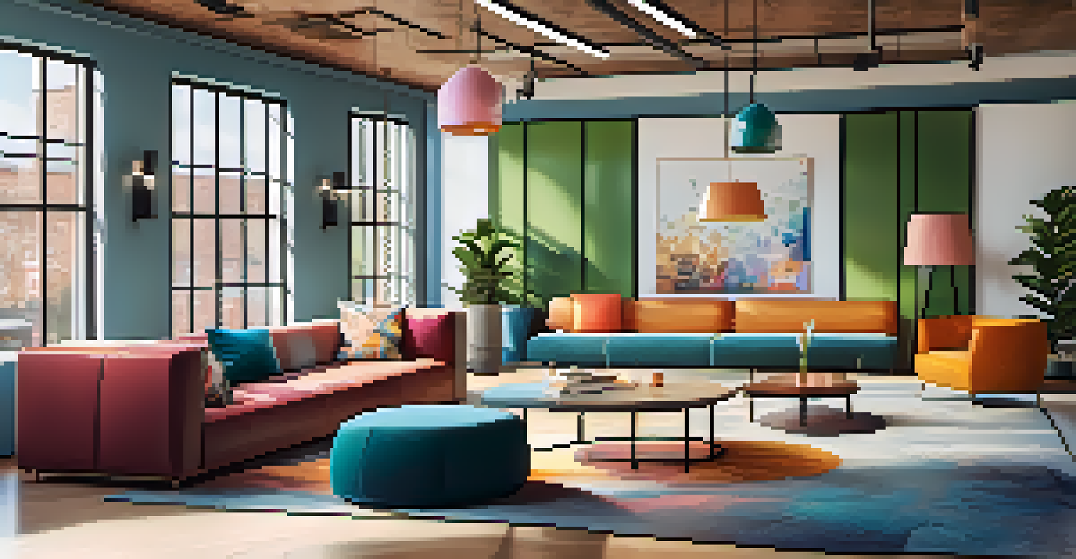 A stylish interior of a coworking space featuring modern furniture, a kitchen area, and a meeting room.