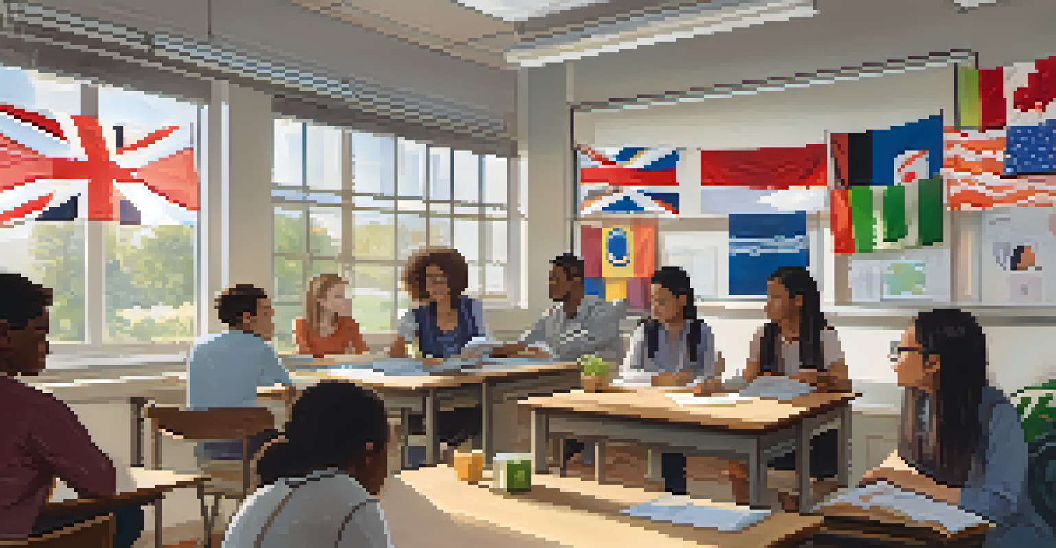 A classroom with students from various cultures engaged in a workshop on intercultural communication, surrounded by flags and a warm atmosphere.