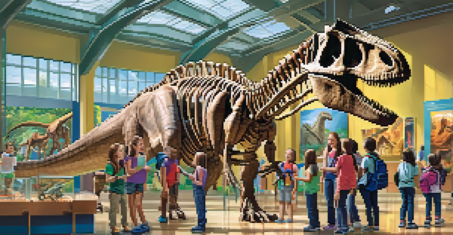 Students on a field trip to a science museum, interacting with a large dinosaur skeleton exhibit, showcasing their enthusiasm and engagement.