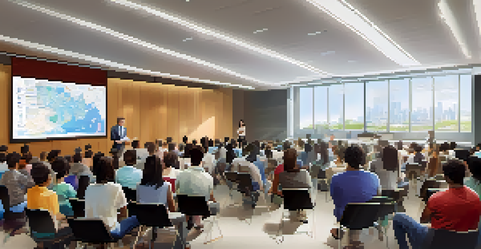 An educational workshop on urban planning in a lecture hall, with a professor presenting to an engaged audience focused on a large screen.
