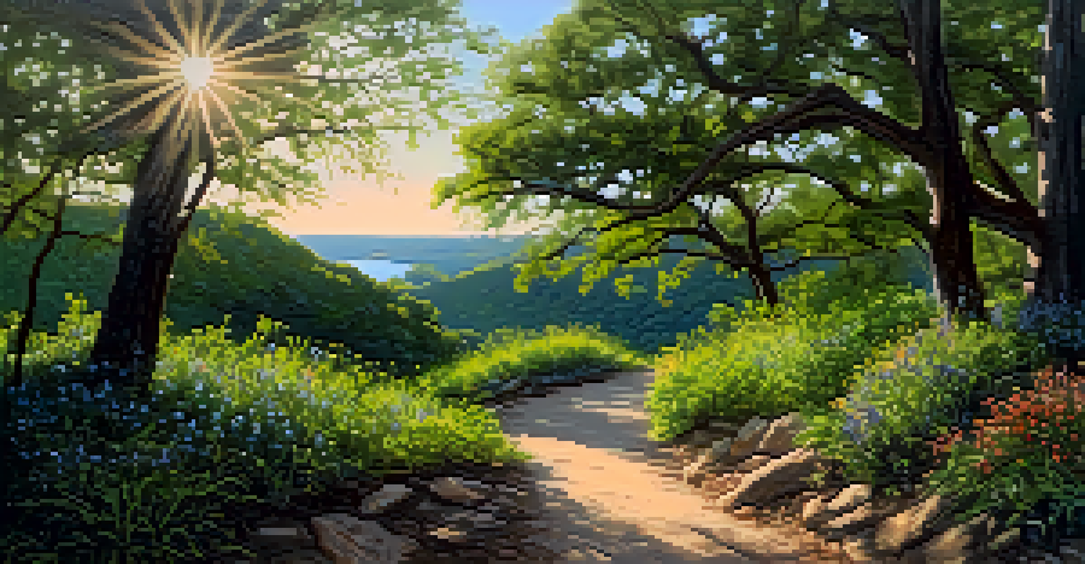 A tranquil hiking trail lined with greenery and wildflowers, leading to a view of Lake Austin.