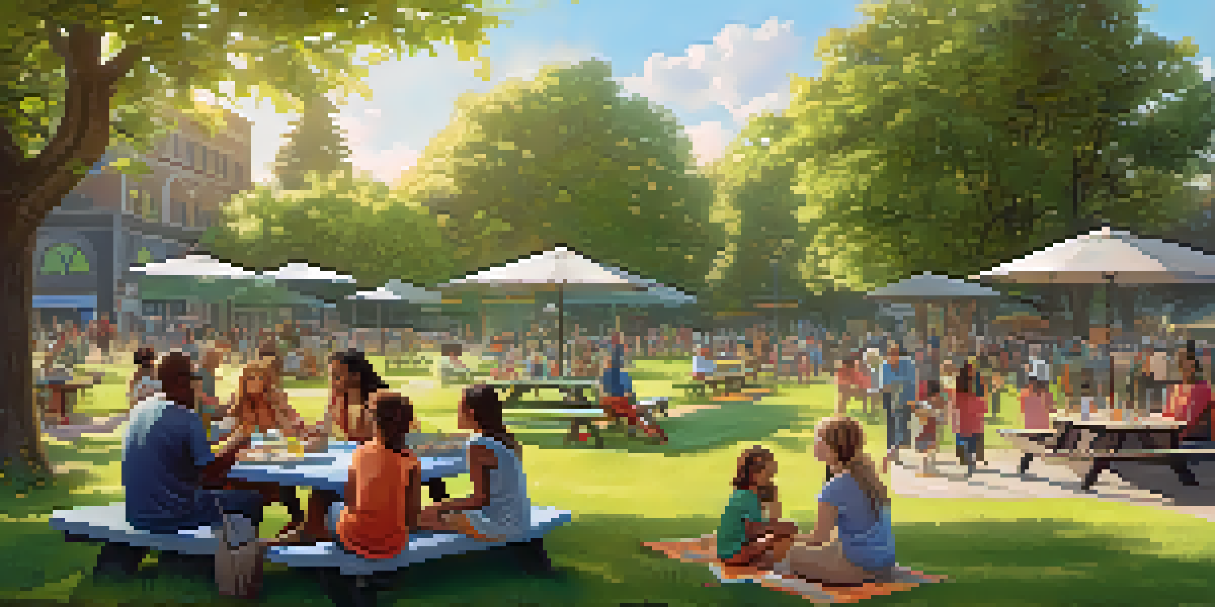 A diverse group of community members gathered around a map in a sunny urban park, discussing urban planning.