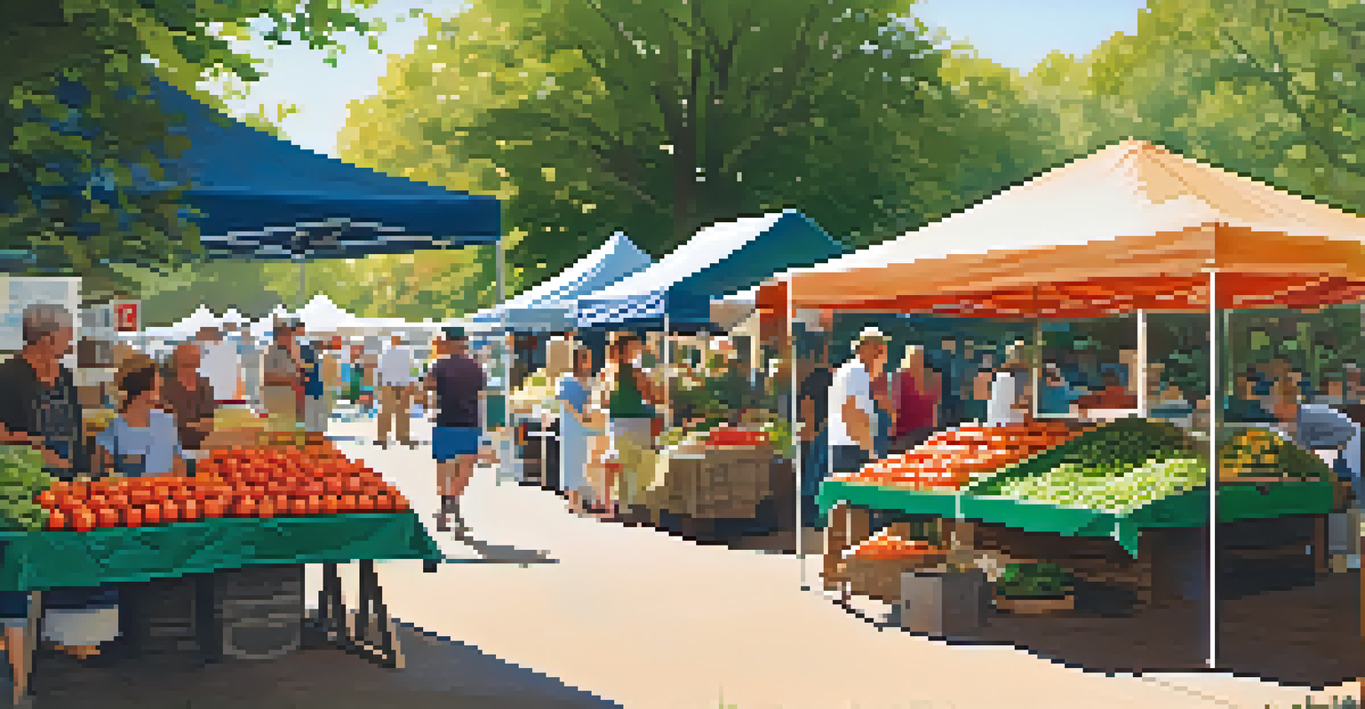 A lively farmers' market with fresh produce and local farmers engaging with visitors in a sunny setting.