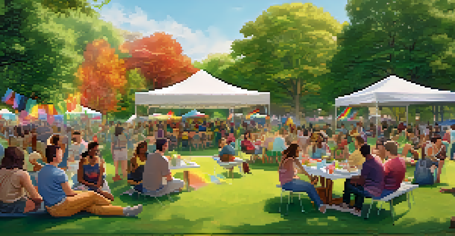A community gathering in a park for an LGBTQ+ support event, featuring discussions, activities, and rainbow-themed decorations amidst lush greenery.