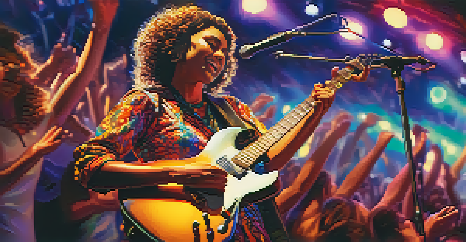 A close-up of a passionate performer playing guitar on stage, with colorful lighting and an engaged audience in the background.