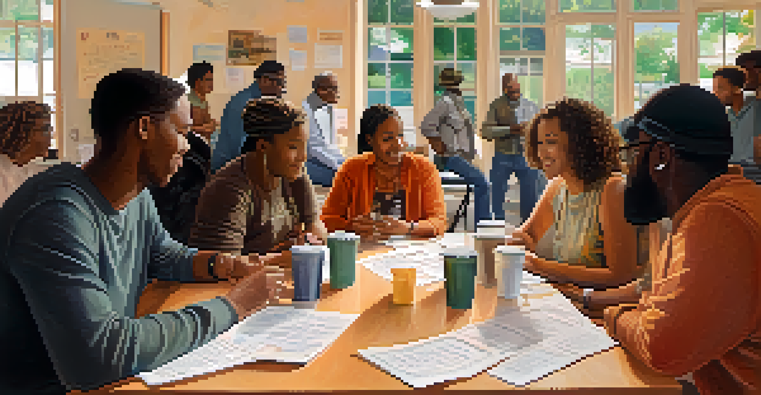 Residents gathered around a table in a community meeting, discussing local issues with handwritten notes and coffee cups present.