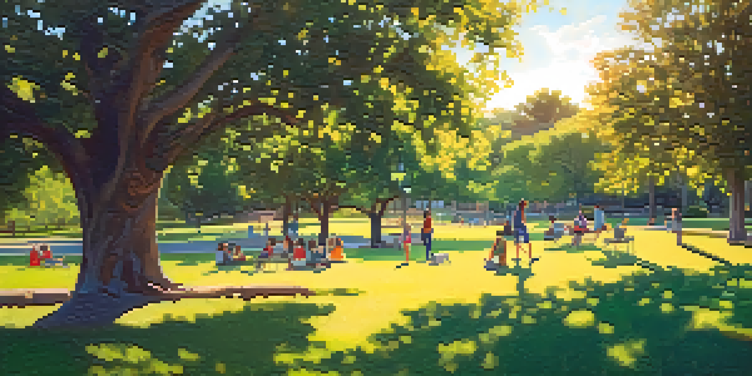 A peaceful urban park in Austin at sunset, filled with greenery and people enjoying various activities.