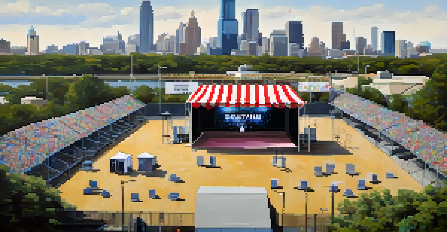 An empty festival ground in Austin during the COVID-19 pandemic, with a stage set up but no attendees, highlighting social distancing measures and a reflective atmosphere.