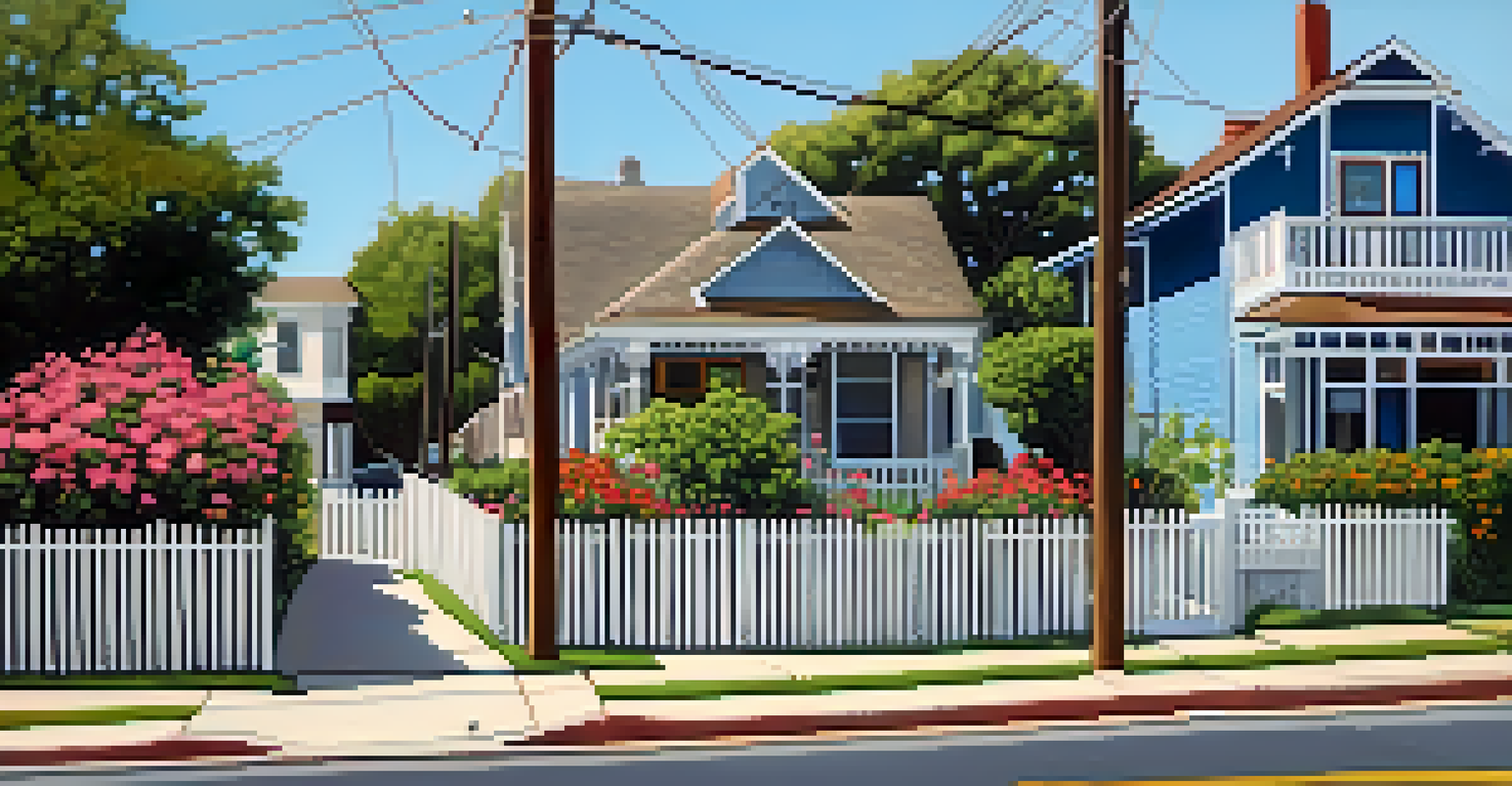 A street view in Travis Heights showcasing historic homes and blooming flowers with people walking.