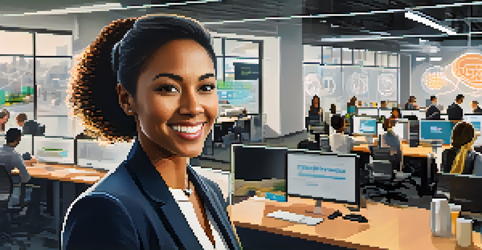 A confident female tech entrepreneur smiling in front of her startup office, with her team working in the background and motivational quotes on the walls.