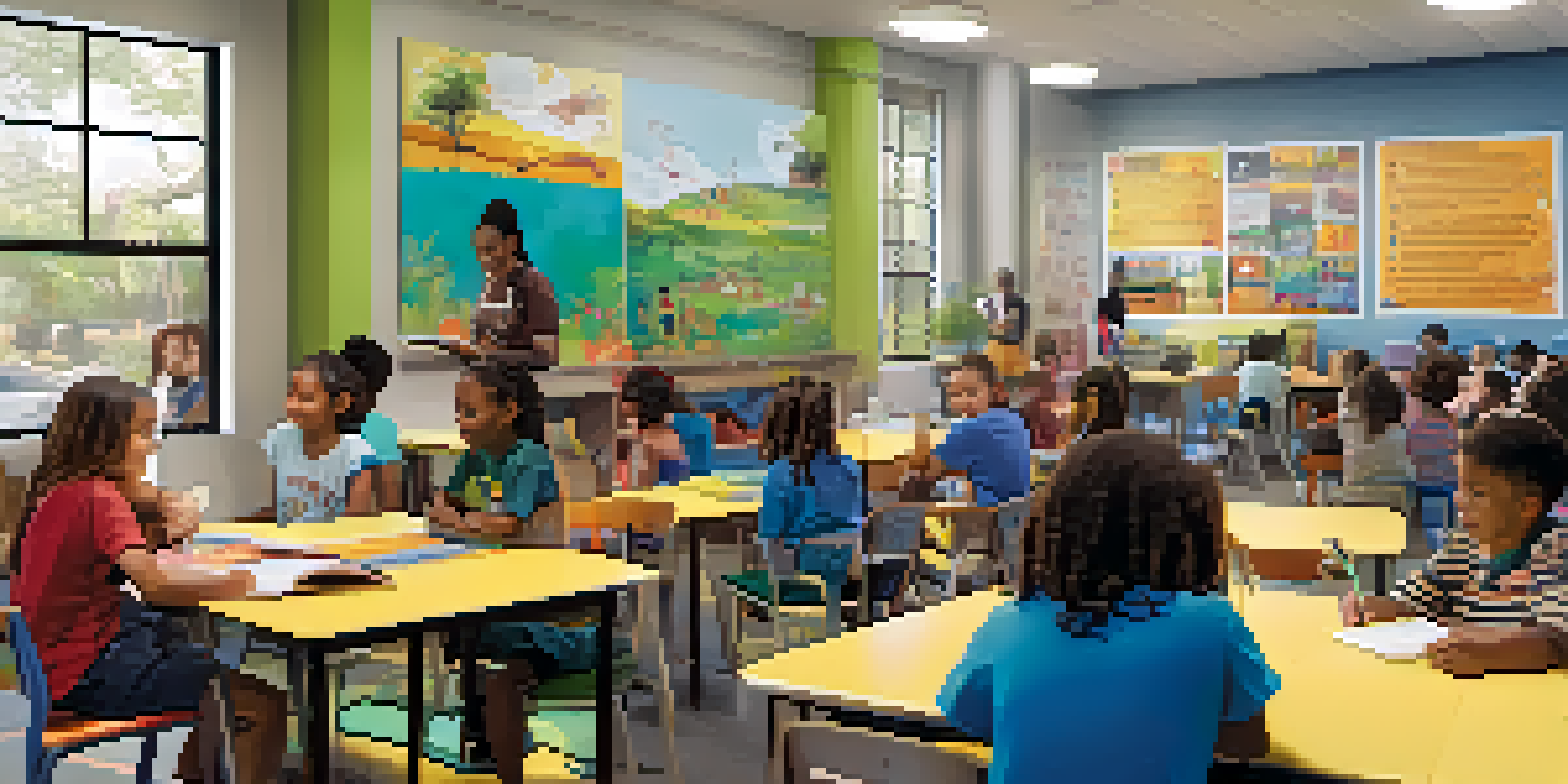 A community center filled with volunteers helping children with their studies, colorful educational posters, and bright sunlight coming through a large window.