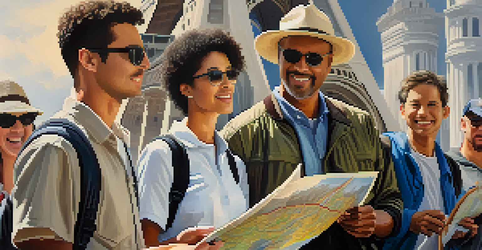 A diverse group of tourists listening to a guide in front of a famous landmark, looking curious and excited.
