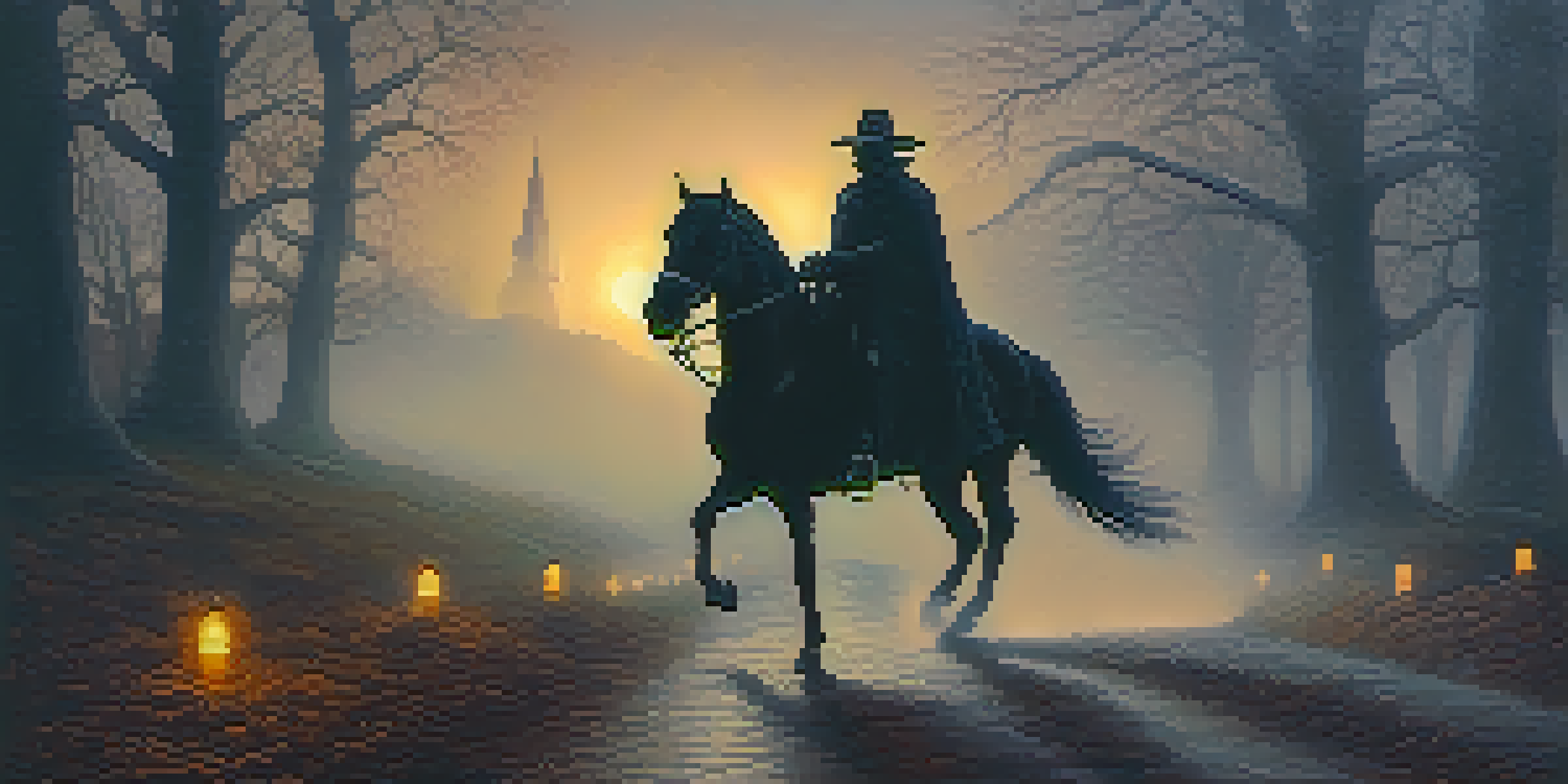A spectral Headless Horseman rides through a misty landscape near the Texas State Capitol, illuminated by moonlight.