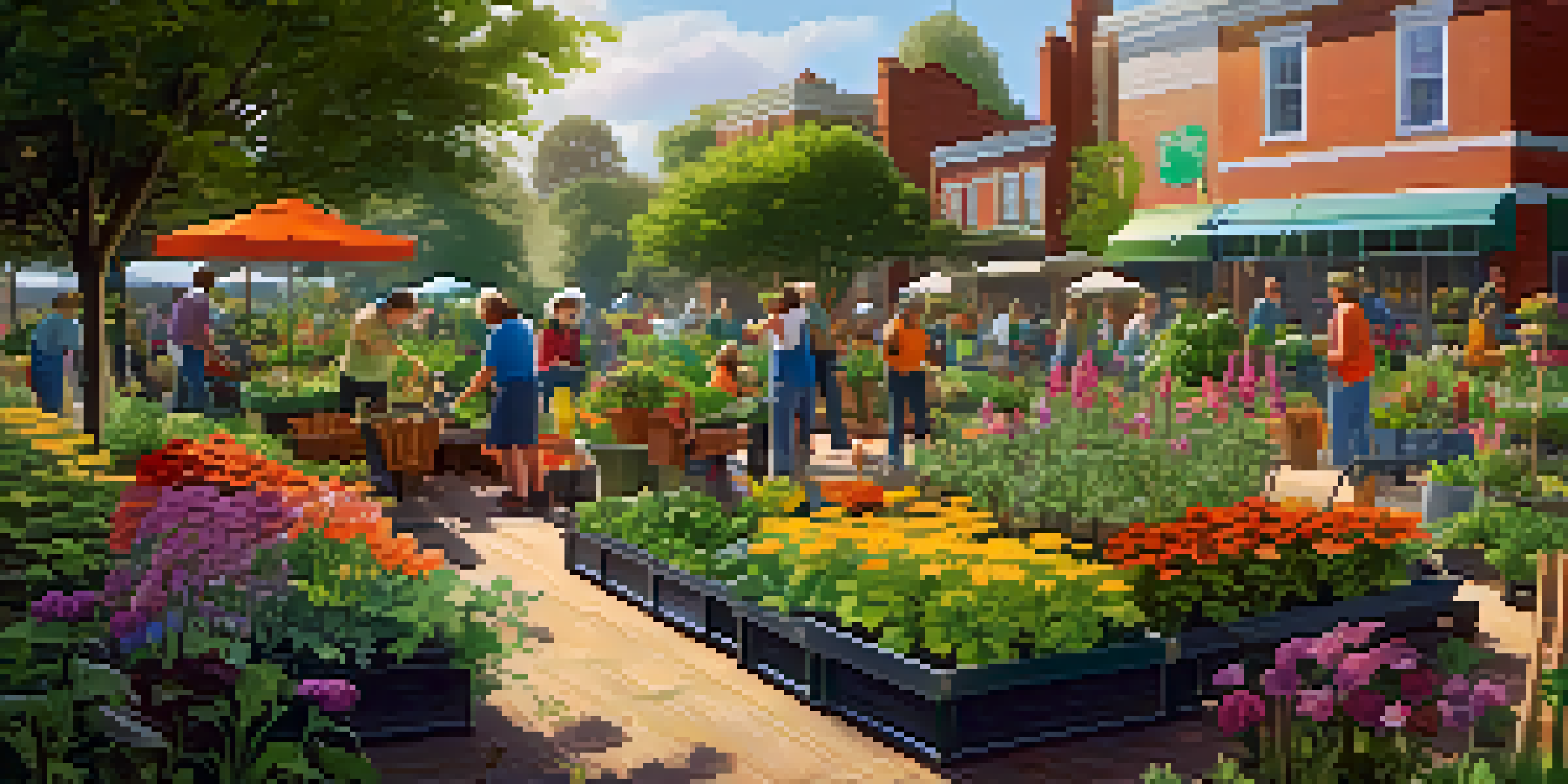 A community garden filled with volunteers planting flowers and vegetables, surrounded by greenery and gardening tools, illuminated by afternoon sunlight.