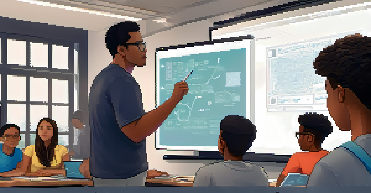 A teacher explaining coding concepts to a group of engaged teenagers in a modern classroom filled with educational materials.