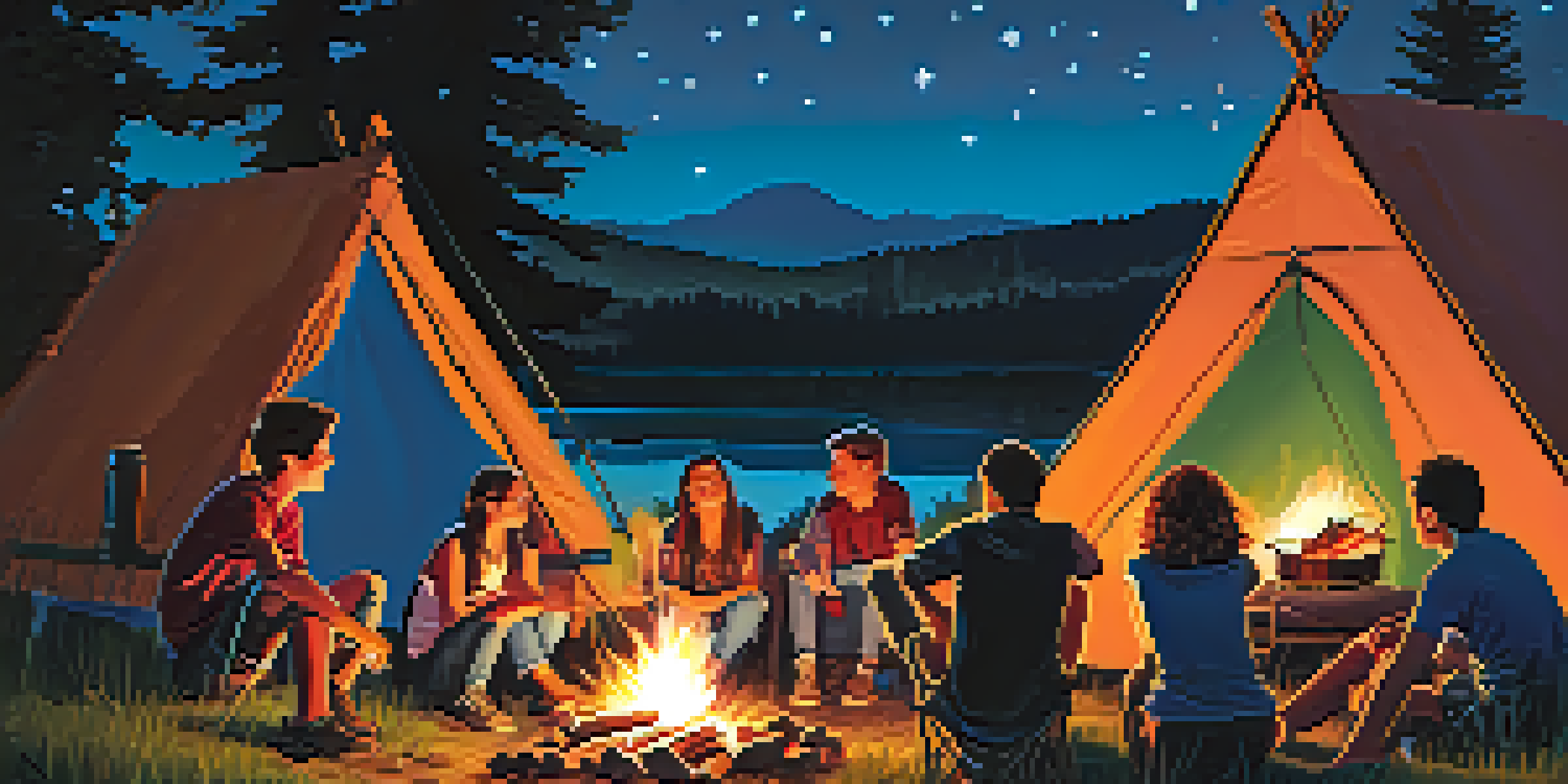 A group of teens enjoying a campfire together at night, roasting marshmallows with trees and hills in the background.