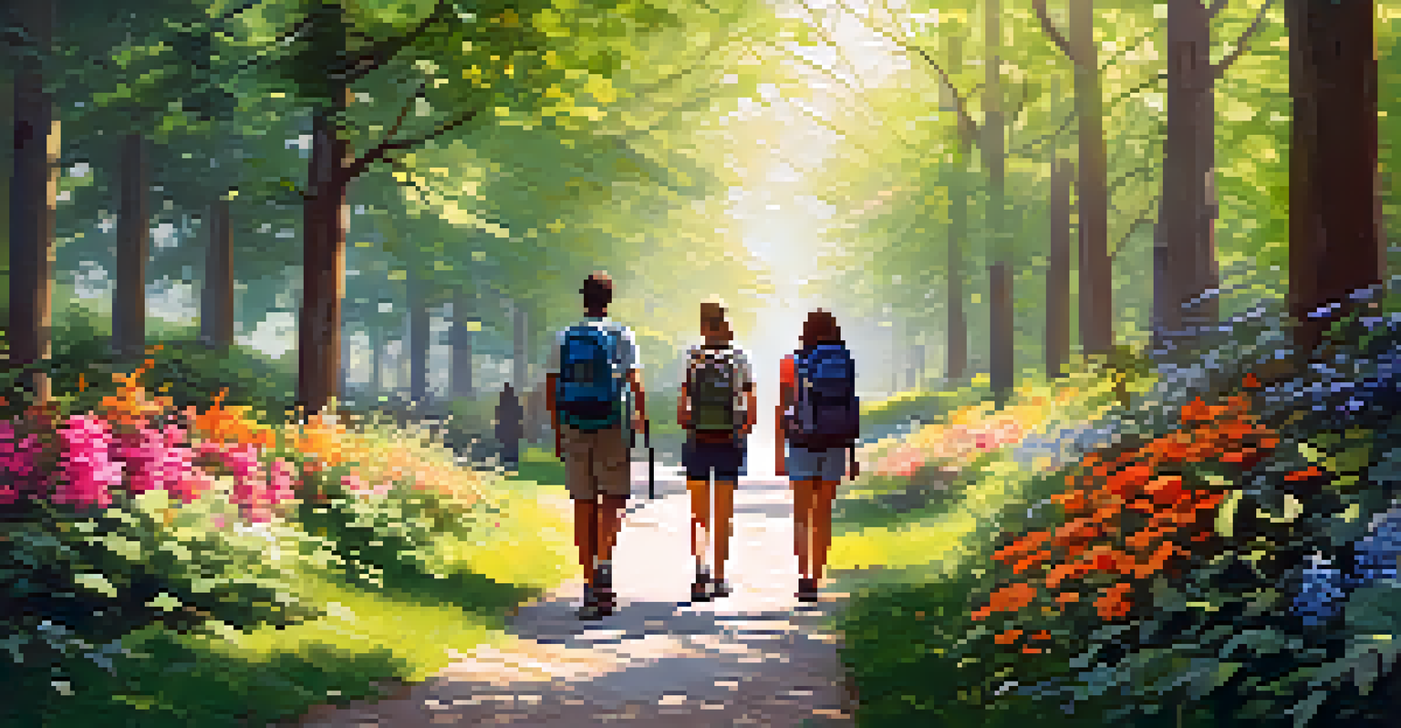 A scenic urban hiking trail with friends walking through a green park, surrounded by trees and flowers under soft morning light.