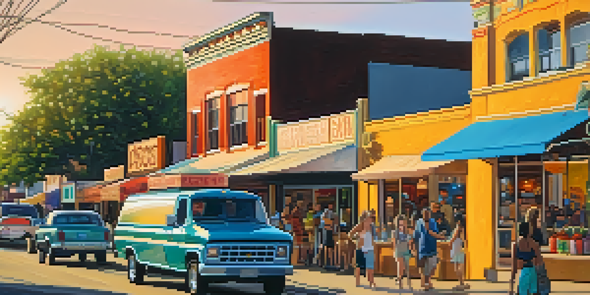 A bustling street scene on South Congress Avenue featuring colorful murals, unique shops, and a food truck, with people enjoying the vibrant atmosphere during sunset.