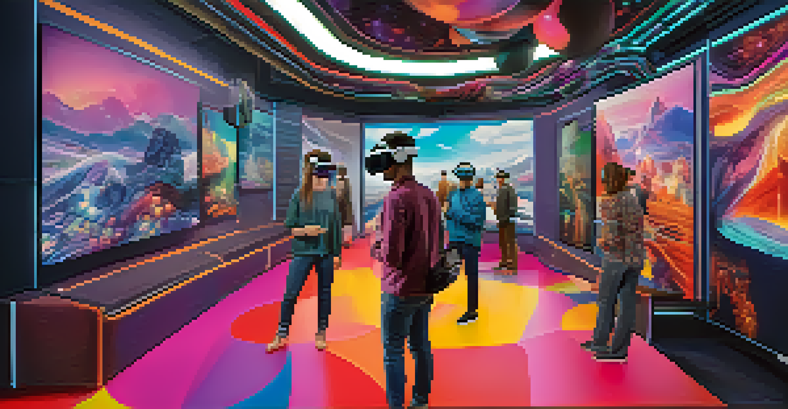 A vibrant digital landscape depicting people interacting in the metaverse with VR headsets and colorful graphics.