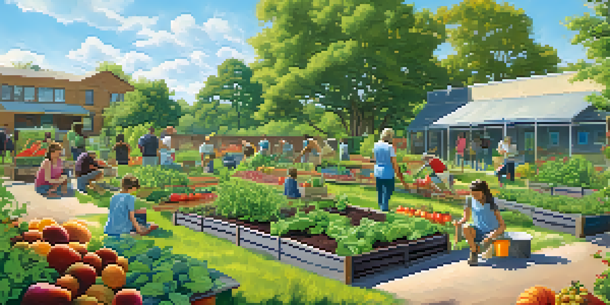 A community garden in Austin with volunteers planting fruits and vegetables under a sunny sky.