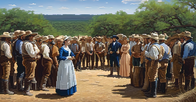 Mirabeau B. Lamar addressing a crowd of settlers in early Texas, surrounded by a rugged landscape and trees, with sunlight filtering through.