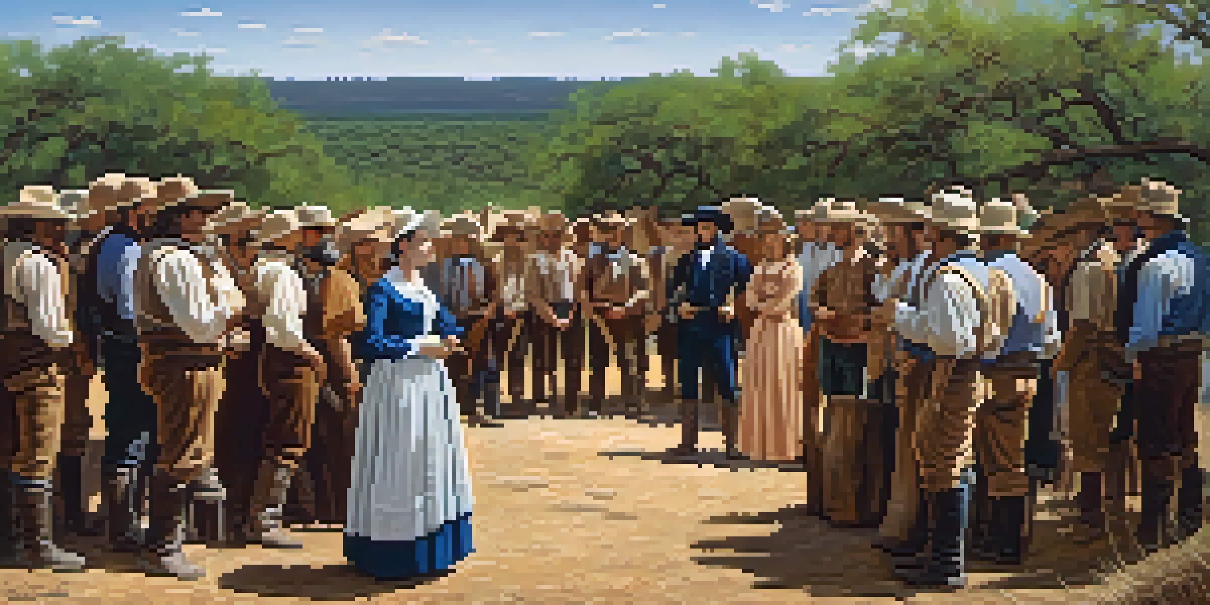 Mirabeau B. Lamar addressing a crowd of settlers in early Texas, surrounded by a rugged landscape and trees, with sunlight filtering through.