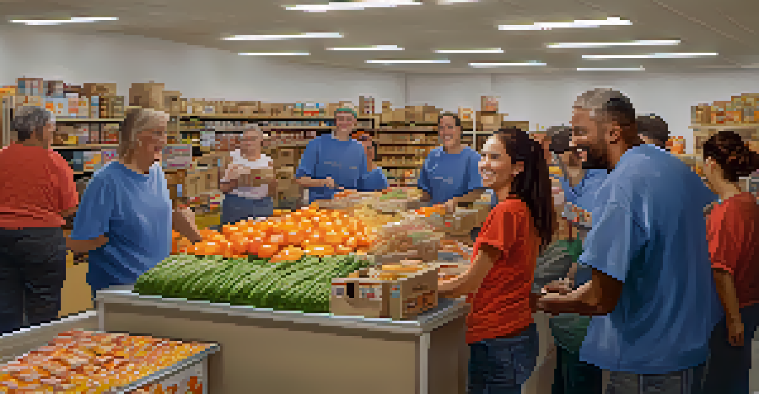 Volunteers happily distributing food at a local food pantry, showcasing a sense of community support and generosity.