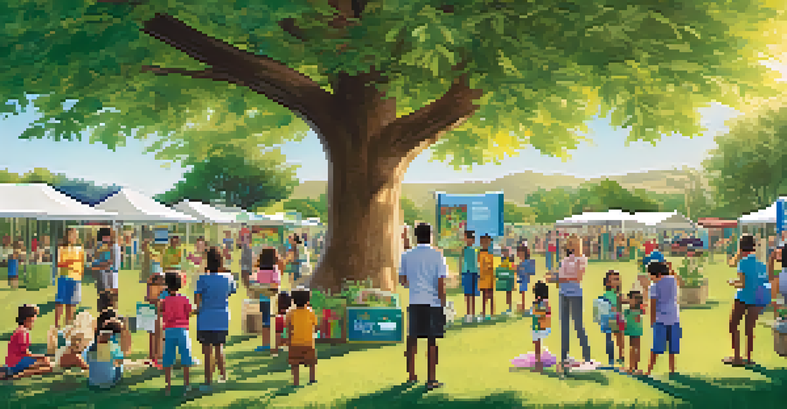 A lively community event promoting sustainability, with families and children engaging in recycling workshops and eco-friendly activities.