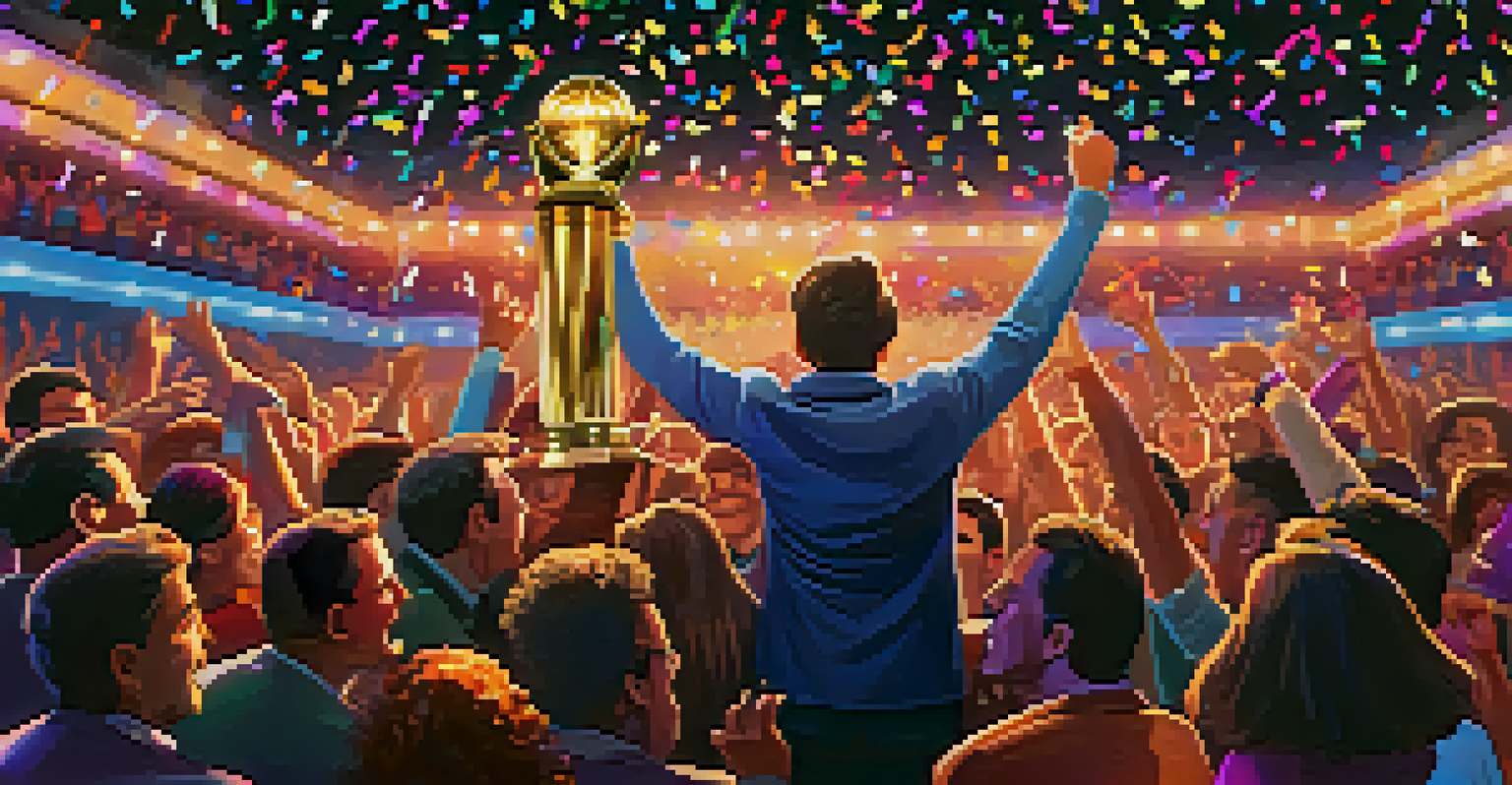 A filmmaker holding an award trophy with a cheering crowd and colorful lights in the background.