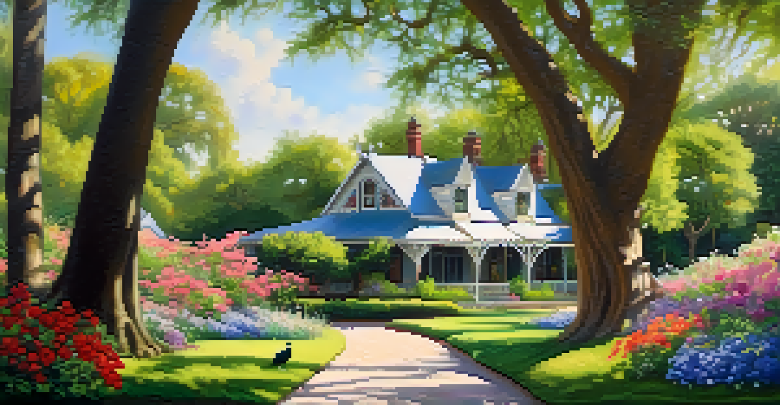 Visitors enjoying the gardens of Mayfield Park with blooming flowers and wandering peacocks.