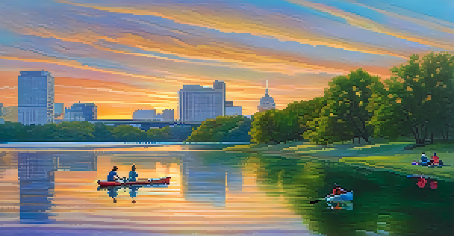 A couple having a picnic at sunset by Lady Bird Lake with kayakers in the water and a city skyline in the background.