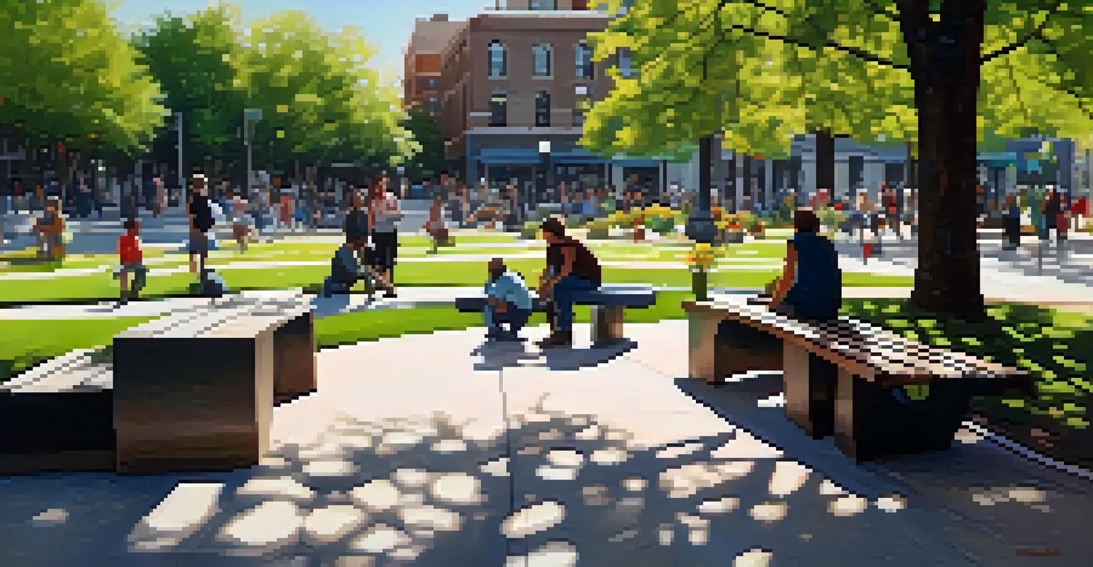 A public sculpture in an urban park symbolizing unity and diversity, surrounded by benches and flowers, with people enjoying the area.