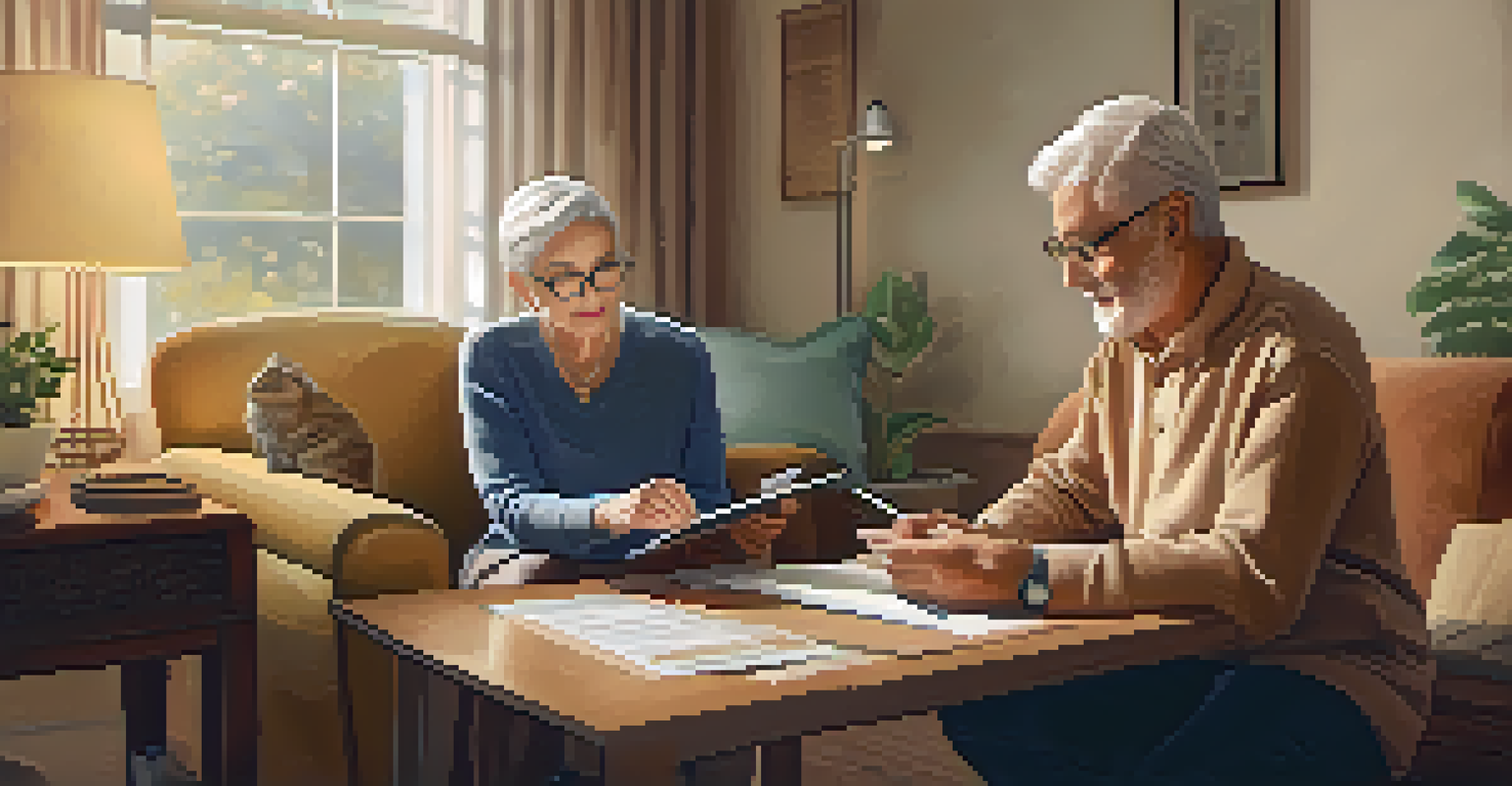 An elderly couple in a comfortable living room discussing their health screening paperwork together.