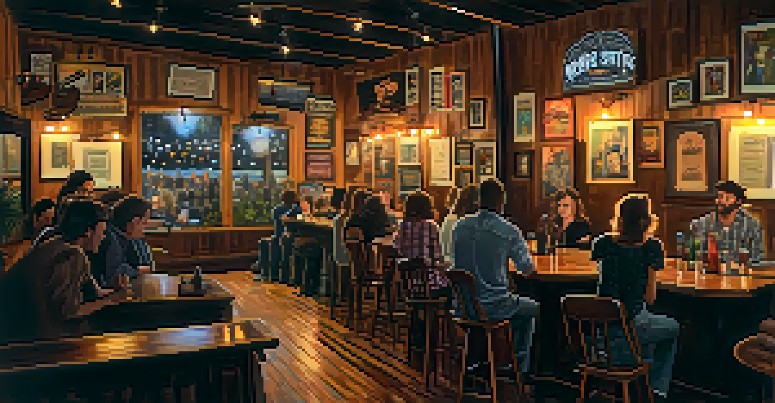 A cozy bar in Austin with a singer-songwriter performing on stage, surrounded by an engaged audience.