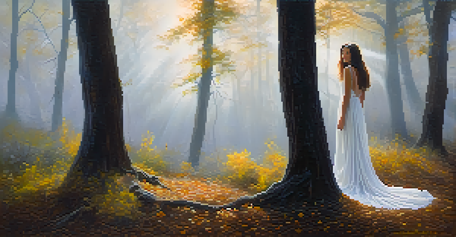 A close-up of a ghostly woman in white surrounded by a misty forest.