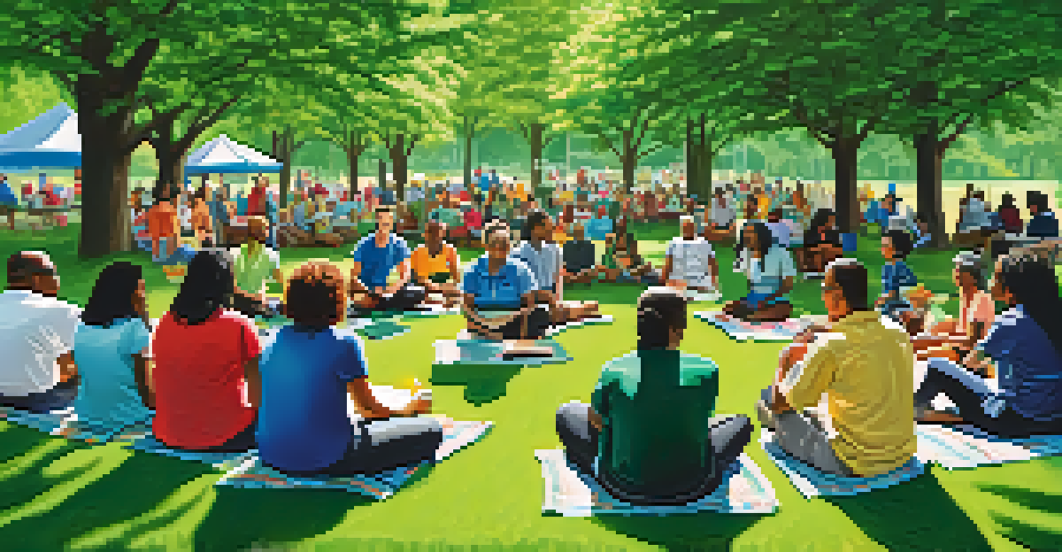 A community meeting in a park with diverse residents sitting in a circle, surrounded by trees and a banner promoting civic engagement under dappled sunlight.