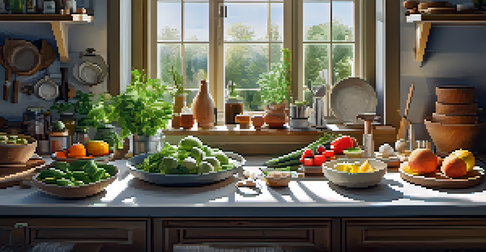 A well-organized kitchen counter featuring fresh vegetables, herbs, and culinary tools, illuminated by sunlight.