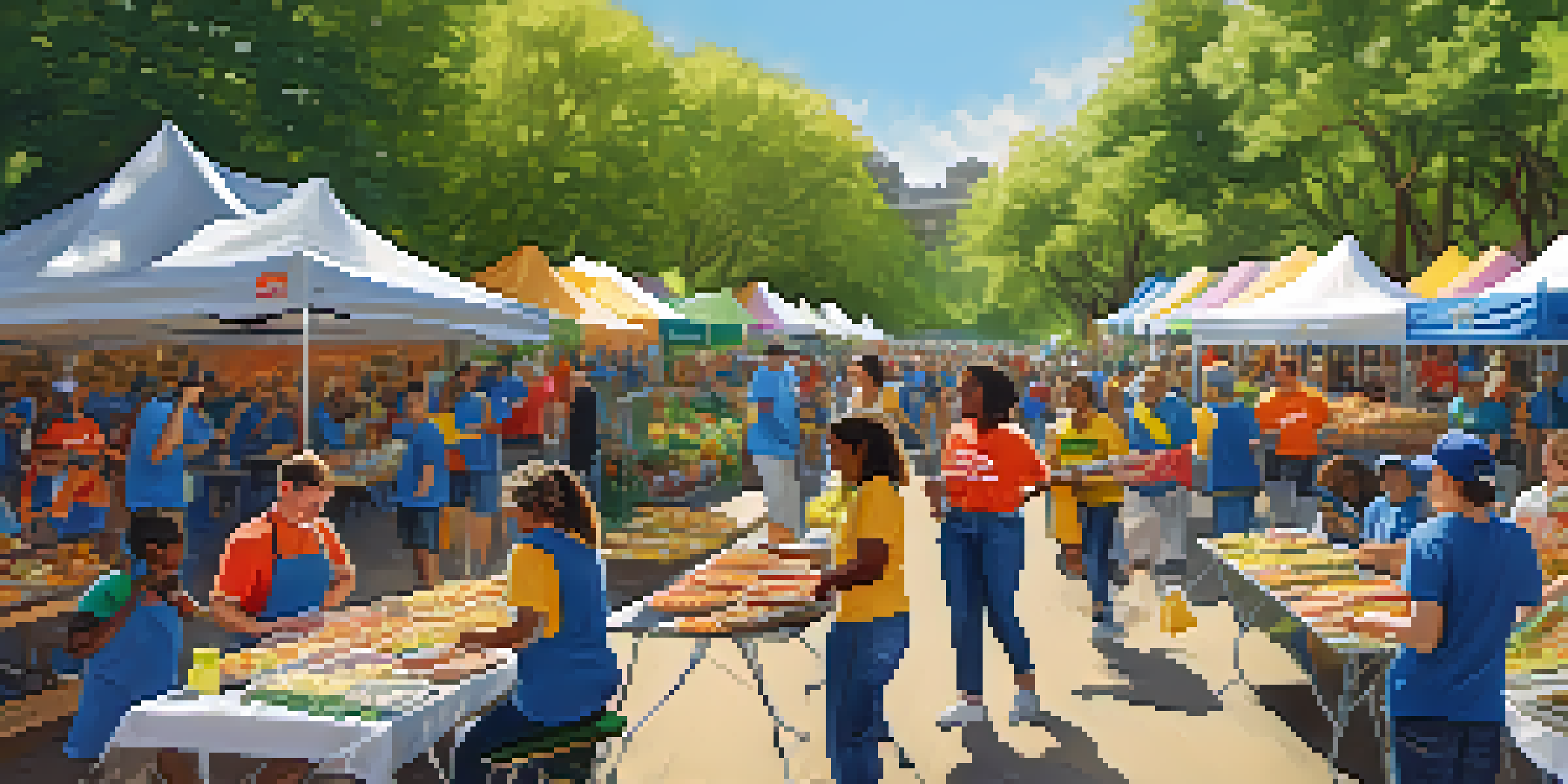 A lively scene of diverse volunteers at a charity event in a sunny park, surrounded by colorful banners and food donations.