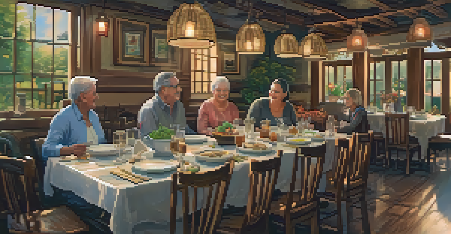 A cozy family-run restaurant with a warm atmosphere, featuring a table set with traditional dishes and a family enjoying their meal together.